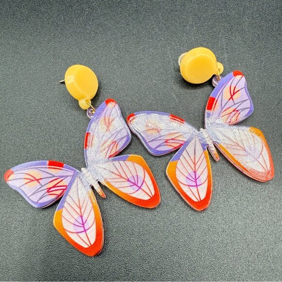 Colorful Orange and Purple Acrylic Butterfly Earrings - Pierced - Picture 1 of 6